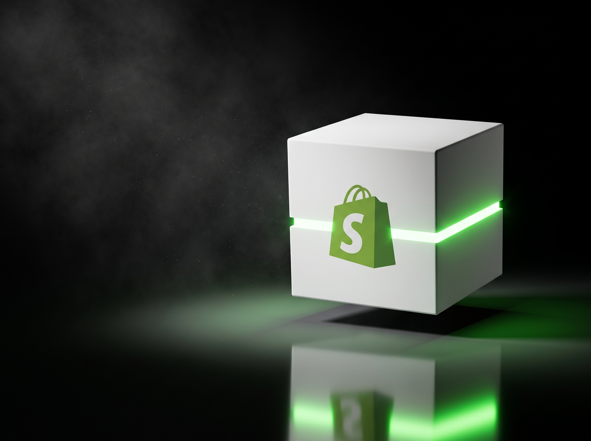 Visual de Shopify sobre un cubo blanco con luz verde